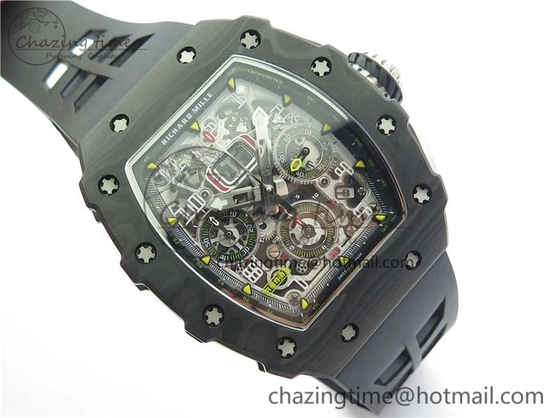 RM011 Carbon Case Chrono KVF 1:1 Best Edition Crystal Skeleton Yellow Dial on Black Racing Rubber Strap A7750 V2