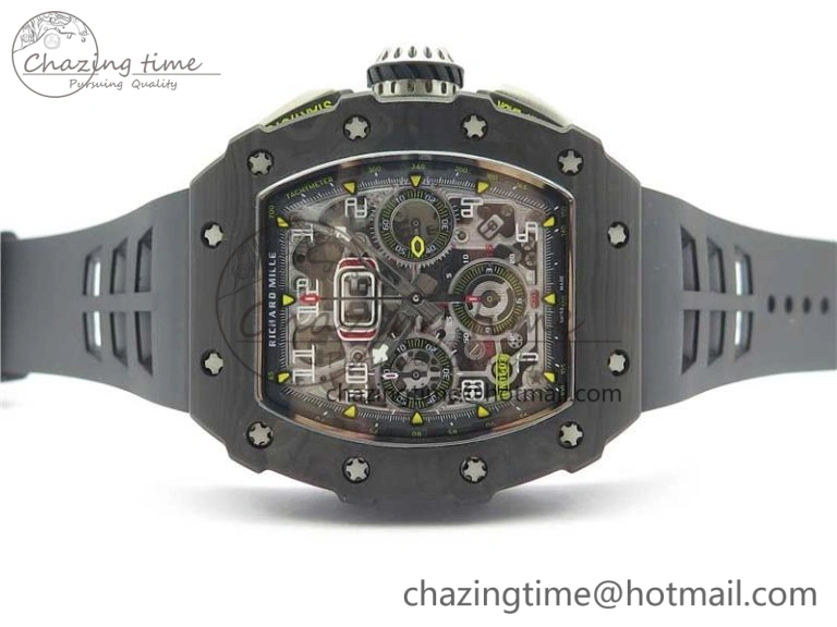 RM011 Carbon Case Chrono KVF 1:1 Best Edition Crystal Skeleton Yellow Dial on Black Racing Rubber Strap A7750 V2