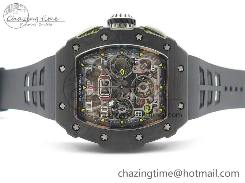 RM011 Carbon Case Chrono KVF 1:1 Best Edition Crystal Skeleton Yellow Dial on Black Racing Rubber Strap A7750 V2
