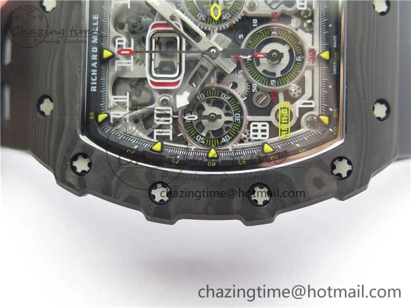 RM011 Carbon Case Chrono KVF 1:1 Best Edition Crystal Skeleton Yellow Dial on Black Racing Rubber Strap A7750 V2