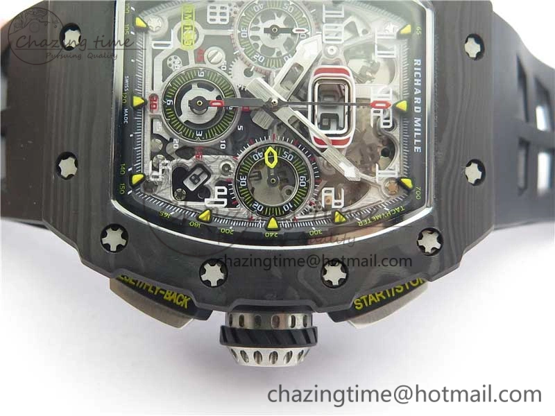 RM011 Carbon Case Chrono KVF 1:1 Best Edition Crystal Skeleton Yellow Dial on Black Racing Rubber Strap A7750 V2