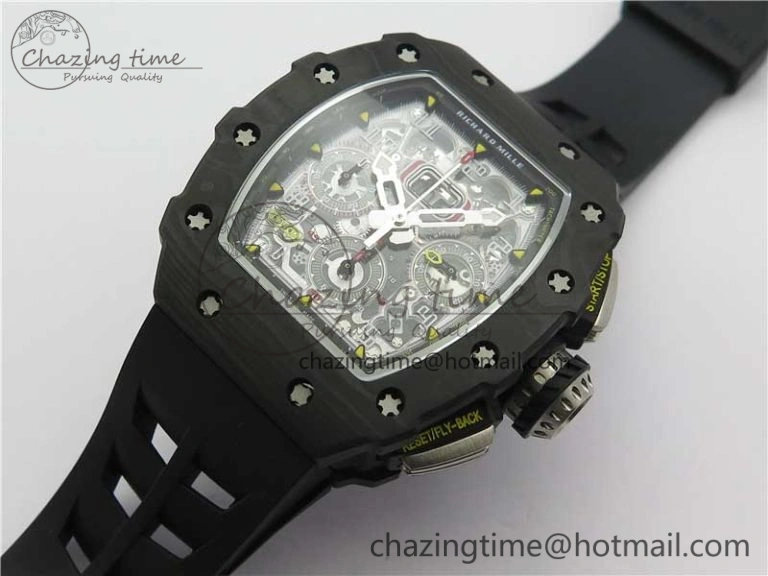RM011 Carbon Case Chrono KVF 1:1 Best Edition Crystal Skeleton Yellow Dial on Black Racing Rubber Strap A7750 V2