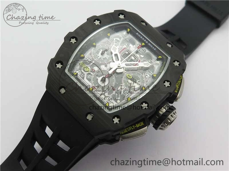 RM011 Carbon Case Chrono KVF 1:1 Best Edition Crystal Skeleton Yellow Dial on Black Racing Rubber Strap A7750 V2