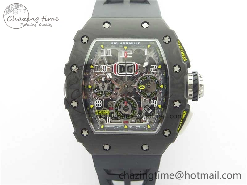 RM011 Carbon Case Chrono KVF 1:1 Best Edition Crystal Skeleton Yellow Dial on Black Racing Rubber Strap A7750 V2
