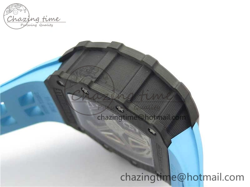 RM011 Carbon Case Chrono KVF 1:1 Best Edition Crystal Skeleton Yellow Dial on Blue Racing Rubber Strap A7750 V2