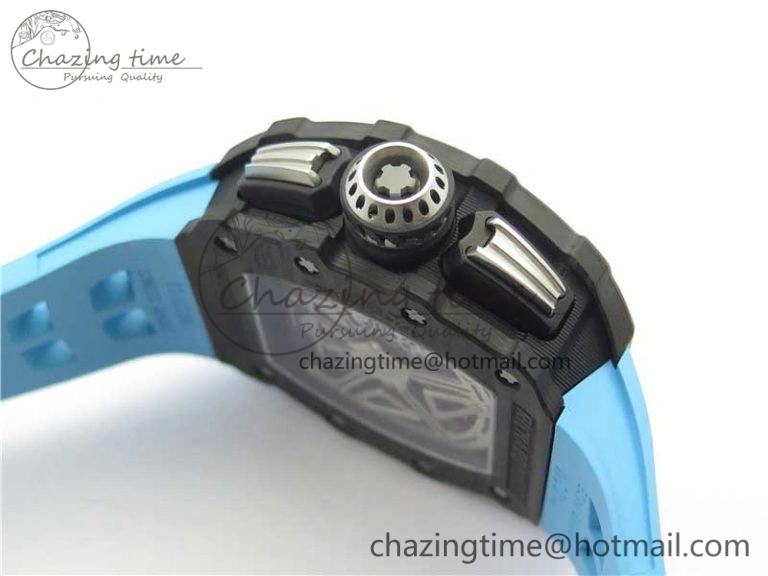 RM011 Carbon Case Chrono KVF 1:1 Best Edition Crystal Skeleton Yellow Dial on Blue Racing Rubber Strap A7750 V2