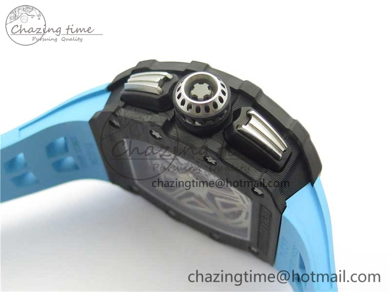 RM011 Carbon Case Chrono KVF 1:1 Best Edition Crystal Skeleton Yellow Dial on Blue Racing Rubber Strap A7750 V2