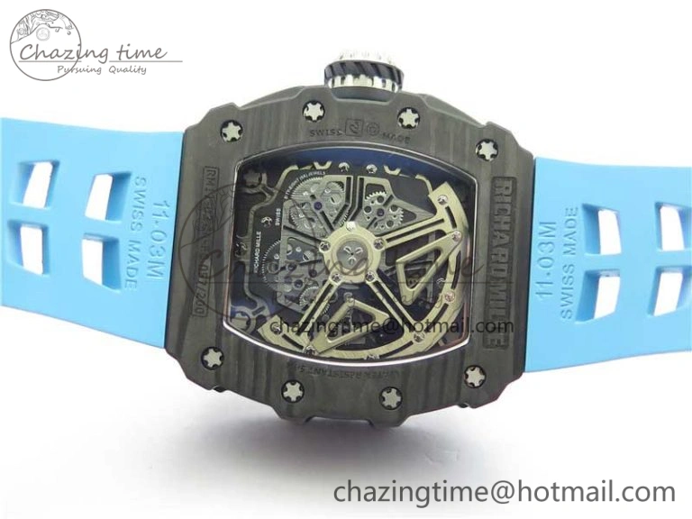 RM011 Carbon Case Chrono KVF 1:1 Best Edition Crystal Skeleton Yellow Dial on Blue Racing Rubber Strap A7750 V2