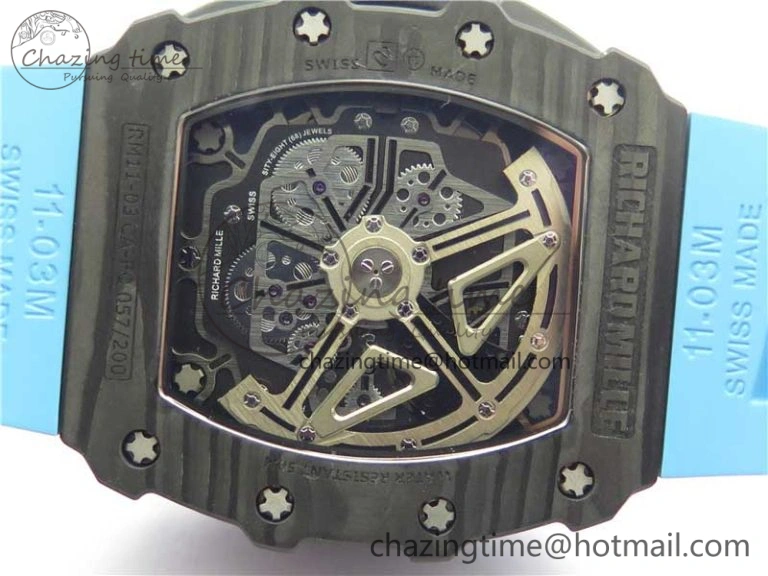 RM011 Carbon Case Chrono KVF 1:1 Best Edition Crystal Skeleton Yellow Dial on Blue Racing Rubber Strap A7750 V2