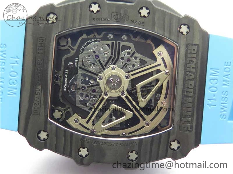 RM011 Carbon Case Chrono KVF 1:1 Best Edition Crystal Skeleton Yellow Dial on Blue Racing Rubber Strap A7750 V2