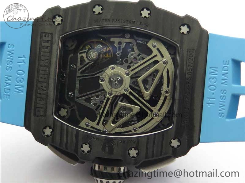 RM011 Carbon Case Chrono KVF 1:1 Best Edition Crystal Skeleton Yellow Dial on Blue Racing Rubber Strap A7750 V2