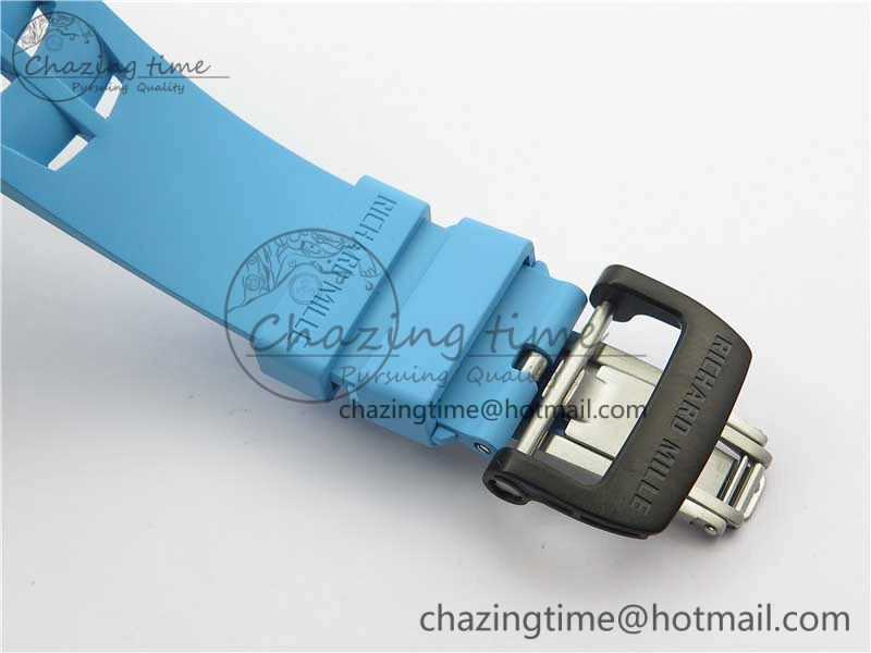 RM011 Carbon Case Chrono KVF 1:1 Best Edition Crystal Skeleton Yellow Dial on Blue Racing Rubber Strap A7750 V2