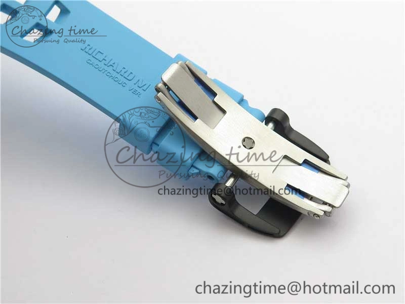 RM011 Carbon Case Chrono KVF 1:1 Best Edition Crystal Skeleton Yellow Dial on Blue Racing Rubber Strap A7750 V2