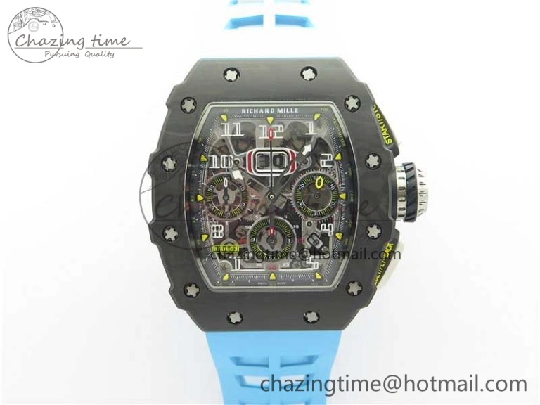RM011 Carbon Case Chrono KVF 1:1 Best Edition Crystal Skeleton Yellow Dial on Blue Racing Rubber Strap A7750 V2