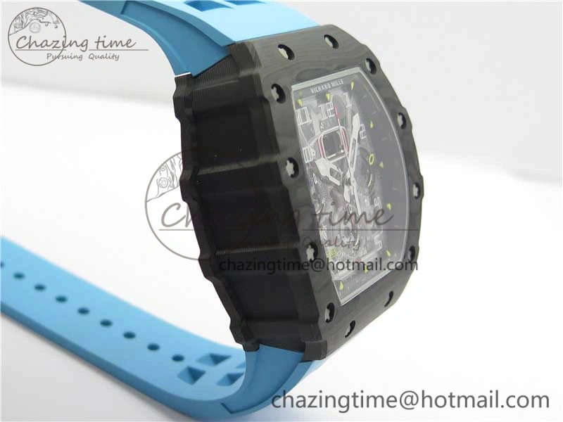 RM011 Carbon Case Chrono KVF 1:1 Best Edition Crystal Skeleton Yellow Dial on Blue Racing Rubber Strap A7750 V2