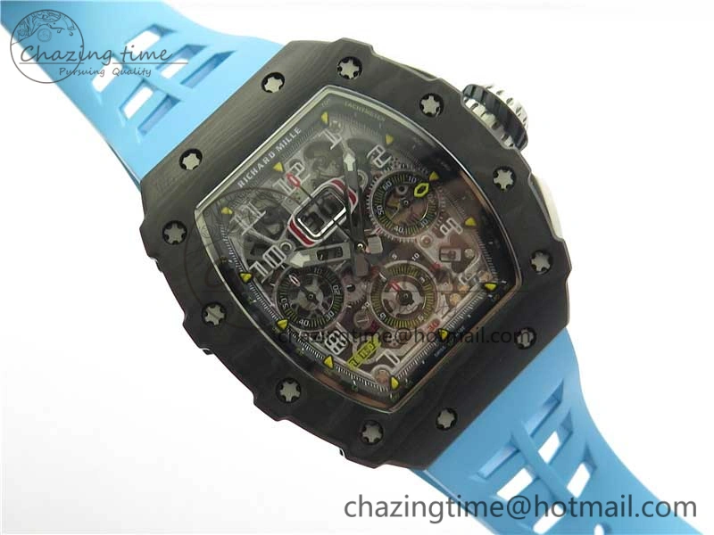 RM011 Carbon Case Chrono KVF 1:1 Best Edition Crystal Skeleton Yellow Dial on Blue Racing Rubber Strap A7750 V2