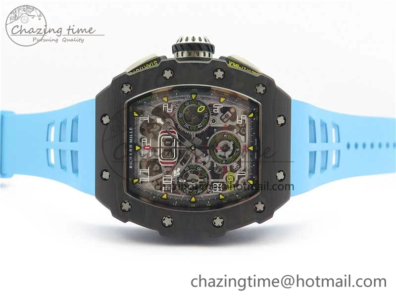 RM011 Carbon Case Chrono KVF 1:1 Best Edition Crystal Skeleton Yellow Dial on Blue Racing Rubber Strap A7750 V2