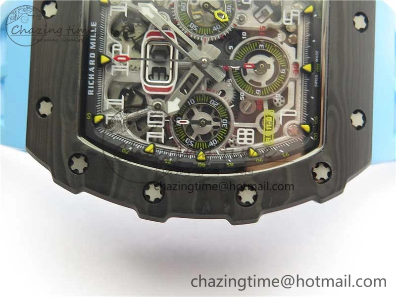RM011 Carbon Case Chrono KVF 1:1 Best Edition Crystal Skeleton Yellow Dial on Blue Racing Rubber Strap A7750 V2