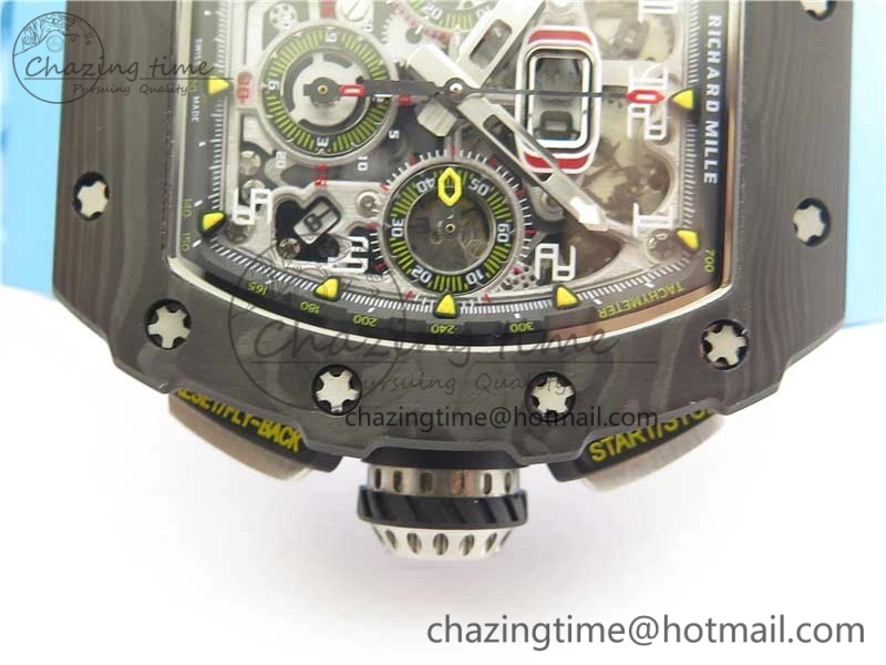 RM011 Carbon Case Chrono KVF 1:1 Best Edition Crystal Skeleton Yellow Dial on Blue Racing Rubber Strap A7750 V2