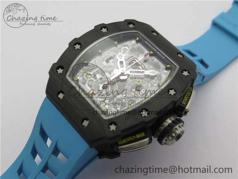 RM011 Carbon Case Chrono KVF 1:1 Best Edition Crystal Skeleton Yellow Dial on Blue Racing Rubber Strap A7750 V2