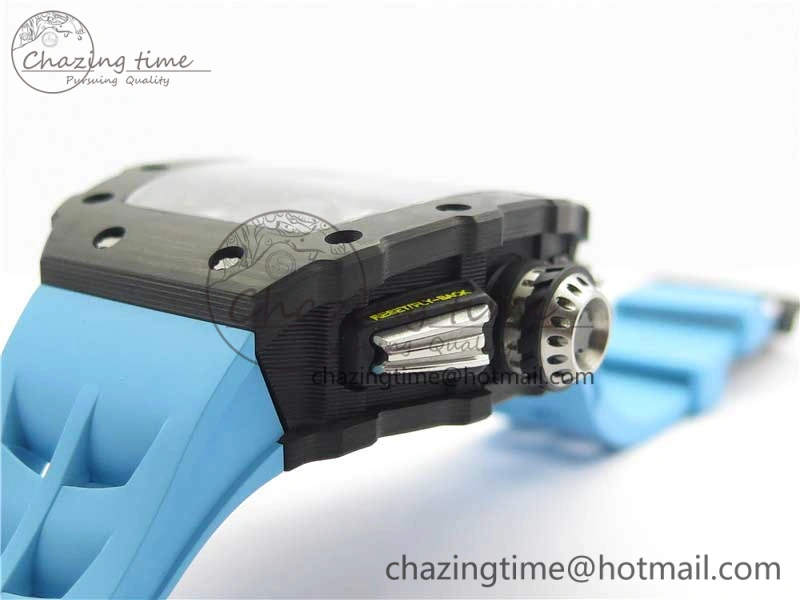 RM011 Carbon Case Chrono KVF 1:1 Best Edition Crystal Skeleton Yellow Dial on Blue Racing Rubber Strap A7750 V2