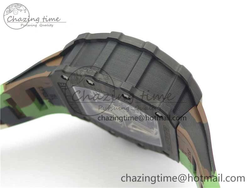 RM011 Carbon Case Chrono KVF 1:1 Best Edition Crystal Skeleton Yellow Dial on Camouflage Rubber Strap A7750 V2