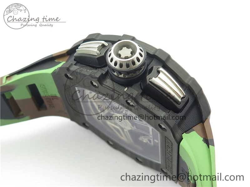 RM011 Carbon Case Chrono KVF 1:1 Best Edition Crystal Skeleton Yellow Dial on Camouflage Rubber Strap A7750 V2