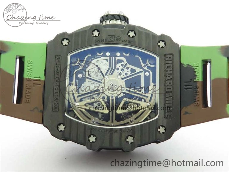 RM011 Carbon Case Chrono KVF 1:1 Best Edition Crystal Skeleton Yellow Dial on Camouflage Rubber Strap A7750 V2
