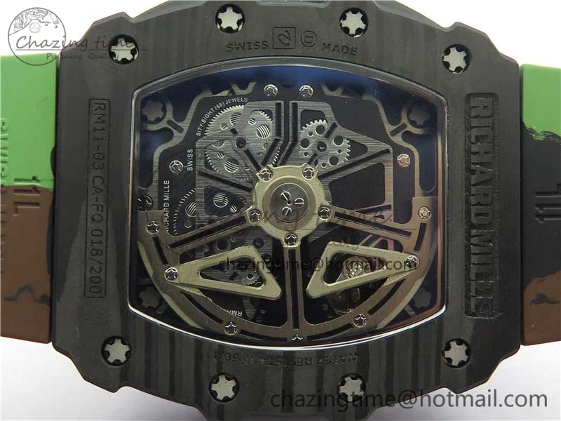 RM011 Carbon Case Chrono KVF 1:1 Best Edition Crystal Skeleton Yellow Dial on Camouflage Rubber Strap A7750 V2