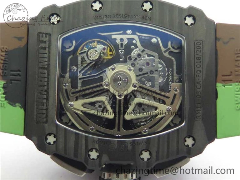 RM011 Carbon Case Chrono KVF 1:1 Best Edition Crystal Skeleton Yellow Dial on Camouflage Rubber Strap A7750 V2