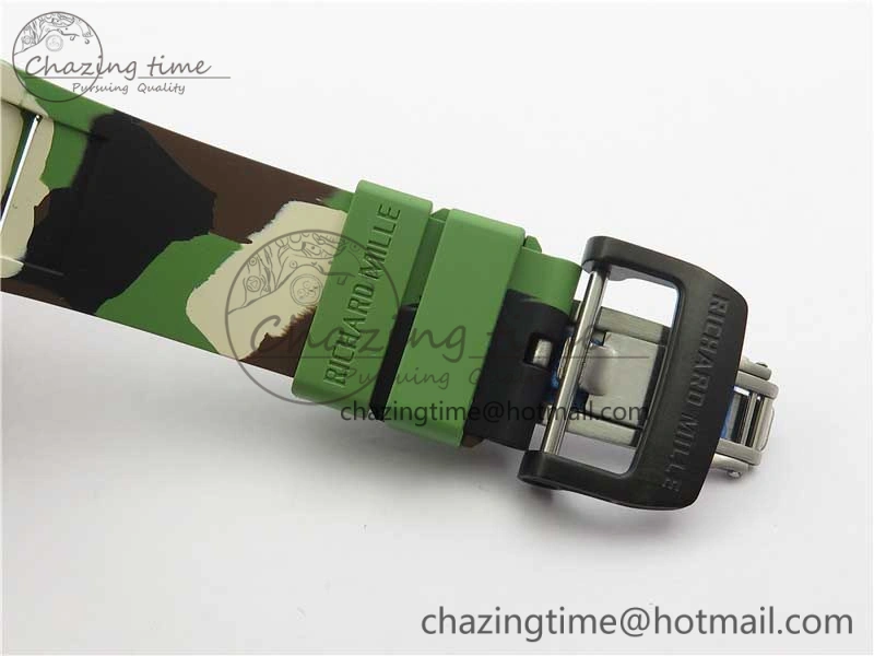 RM011 Carbon Case Chrono KVF 1:1 Best Edition Crystal Skeleton Yellow Dial on Camouflage Rubber Strap A7750 V2