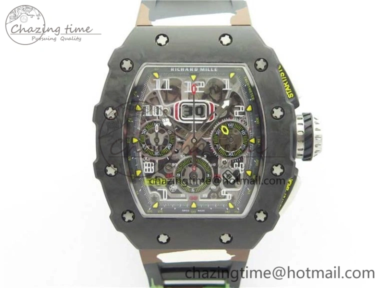 RM011 Carbon Case Chrono KVF 1:1 Best Edition Crystal Skeleton Yellow Dial on Camouflage Rubber Strap A7750 V2