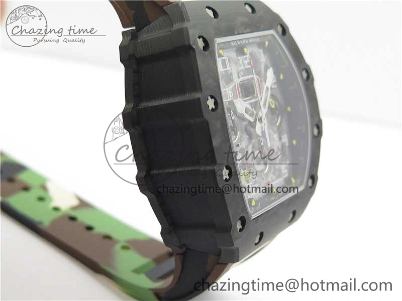 RM011 Carbon Case Chrono KVF 1:1 Best Edition Crystal Skeleton Yellow Dial on Camouflage Rubber Strap A7750 V2