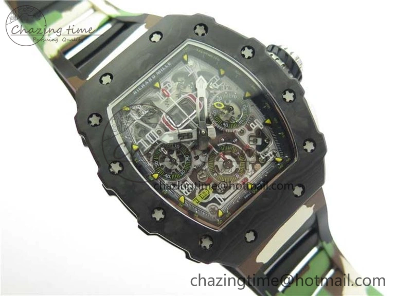 RM011 Carbon Case Chrono KVF 1:1 Best Edition Crystal Skeleton Yellow Dial on Camouflage Rubber Strap A7750 V2