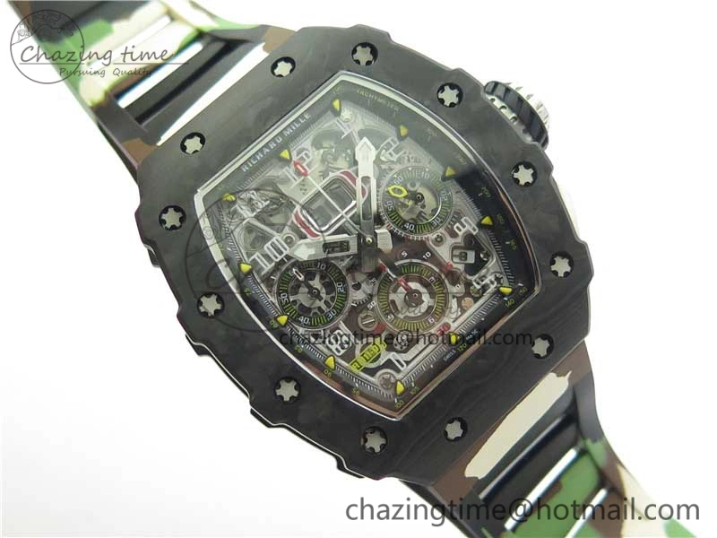 RM011 Carbon Case Chrono KVF 1:1 Best Edition Crystal Skeleton Yellow Dial on Camouflage Rubber Strap A7750 V2
