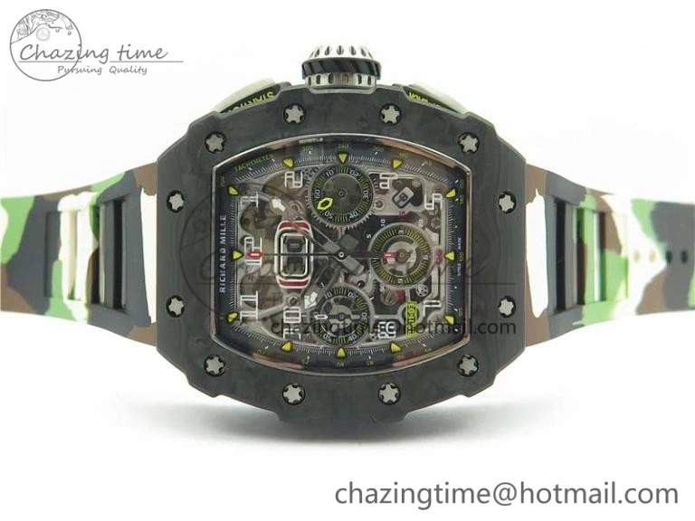 RM011 Carbon Case Chrono KVF 1:1 Best Edition Crystal Skeleton Yellow Dial on Camouflage Rubber Strap A7750 V2