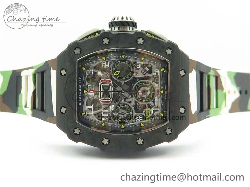 RM011 Carbon Case Chrono KVF 1:1 Best Edition Crystal Skeleton Yellow Dial on Camouflage Rubber Strap A7750 V2