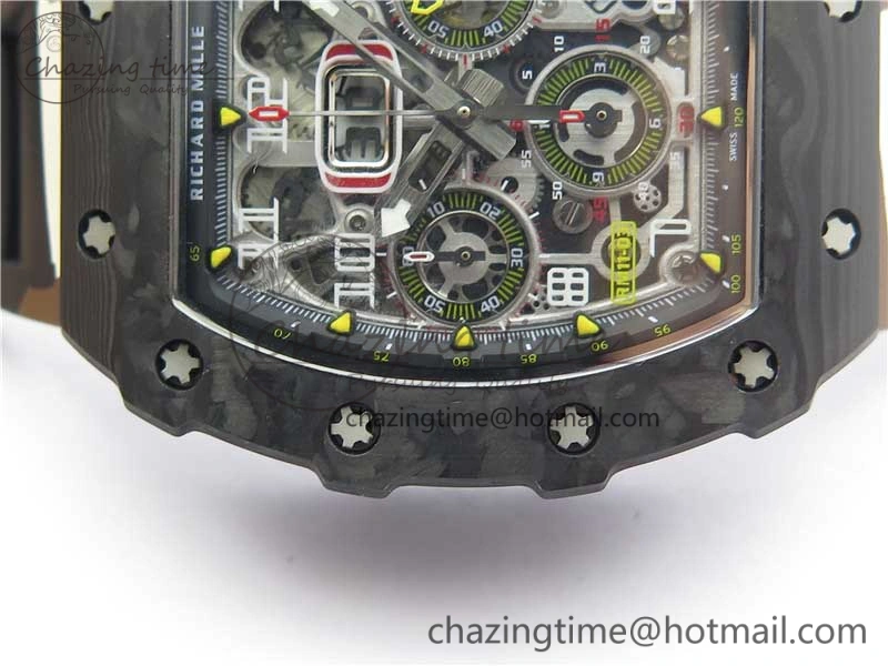 RM011 Carbon Case Chrono KVF 1:1 Best Edition Crystal Skeleton Yellow Dial on Camouflage Rubber Strap A7750 V2