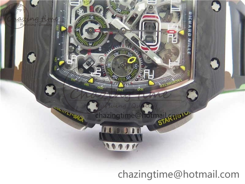 RM011 Carbon Case Chrono KVF 1:1 Best Edition Crystal Skeleton Yellow Dial on Camouflage Rubber Strap A7750 V2