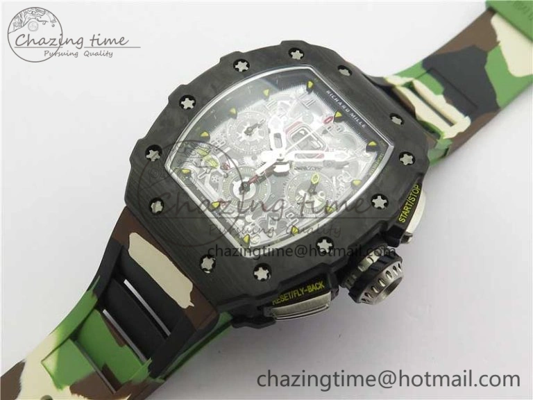RM011 Carbon Case Chrono KVF 1:1 Best Edition Crystal Skeleton Yellow Dial on Camouflage Rubber Strap A7750 V2