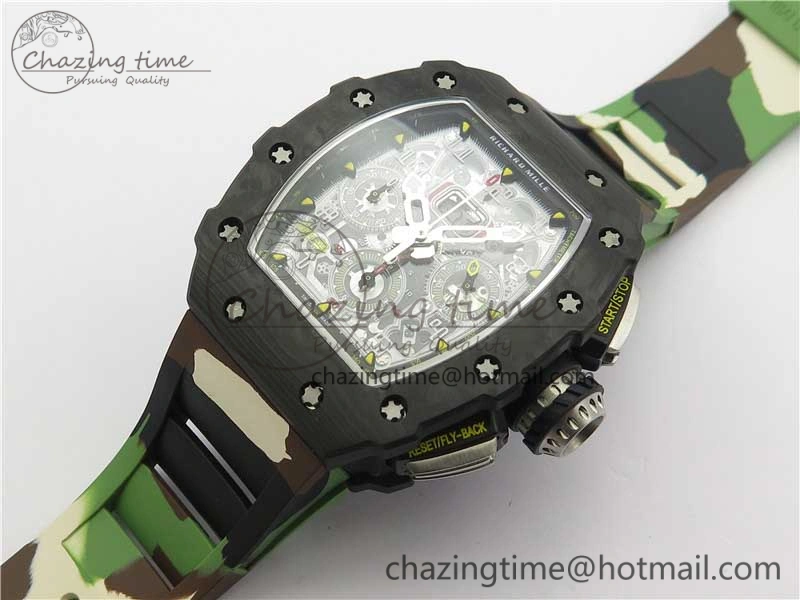 RM011 Carbon Case Chrono KVF 1:1 Best Edition Crystal Skeleton Yellow Dial on Camouflage Rubber Strap A7750 V2