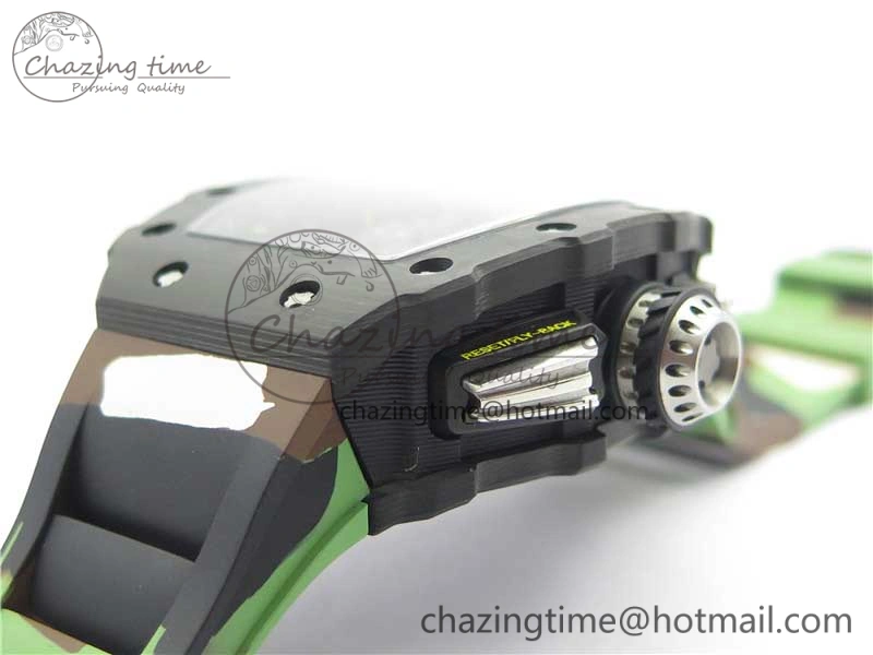 RM011 Carbon Case Chrono KVF 1:1 Best Edition Crystal Skeleton Yellow Dial on Camouflage Rubber Strap A7750 V2