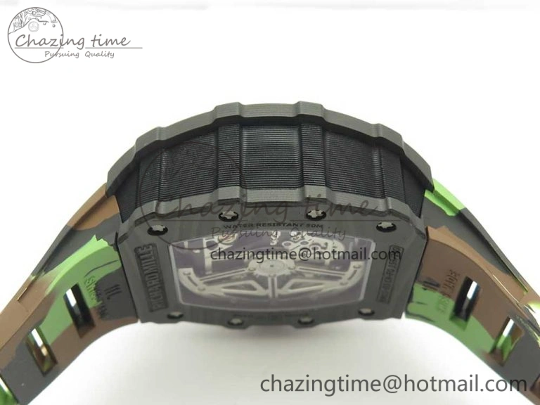 RM011 Carbon Case Chrono KVF 1:1 Best Edition Crystal Skeleton Yellow Dial on Camouflage Rubber Strap A7750