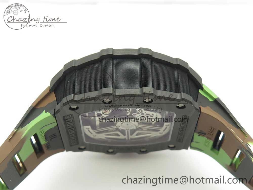 RM011 Carbon Case Chrono KVF 1:1 Best Edition Crystal Skeleton Yellow Dial on Camouflage Rubber Strap A7750