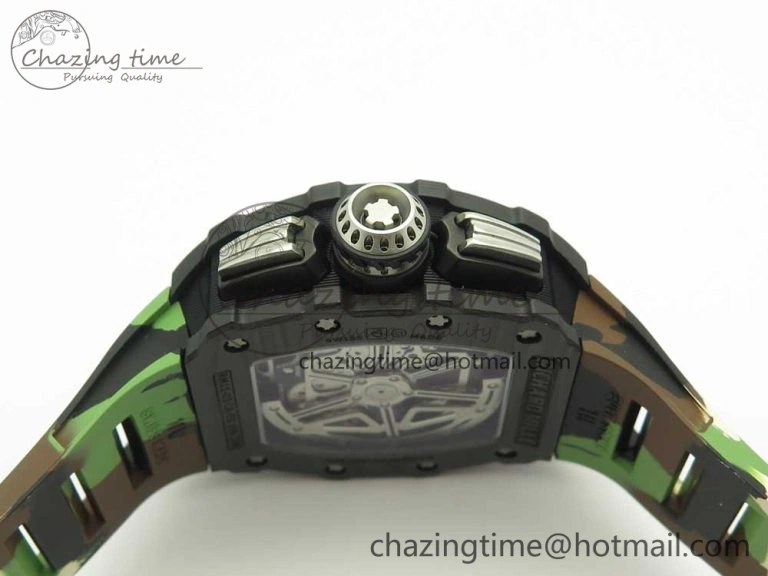 RM011 Carbon Case Chrono KVF 1:1 Best Edition Crystal Skeleton Yellow Dial on Camouflage Rubber Strap A7750