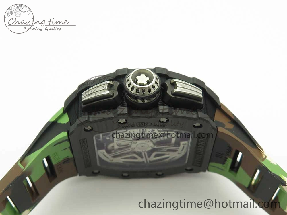 RM011 Carbon Case Chrono KVF 1:1 Best Edition Crystal Skeleton Yellow Dial on Camouflage Rubber Strap A7750