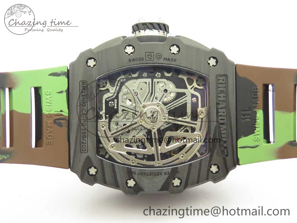 RM011 Carbon Case Chrono KVF 1:1 Best Edition Crystal Skeleton Yellow Dial on Camouflage Rubber Strap A7750