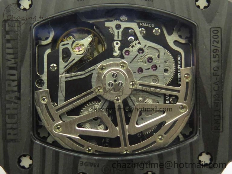 RM011 Carbon Case Chrono KVF 1:1 Best Edition Crystal Skeleton Yellow Dial on Camouflage Rubber Strap A7750
