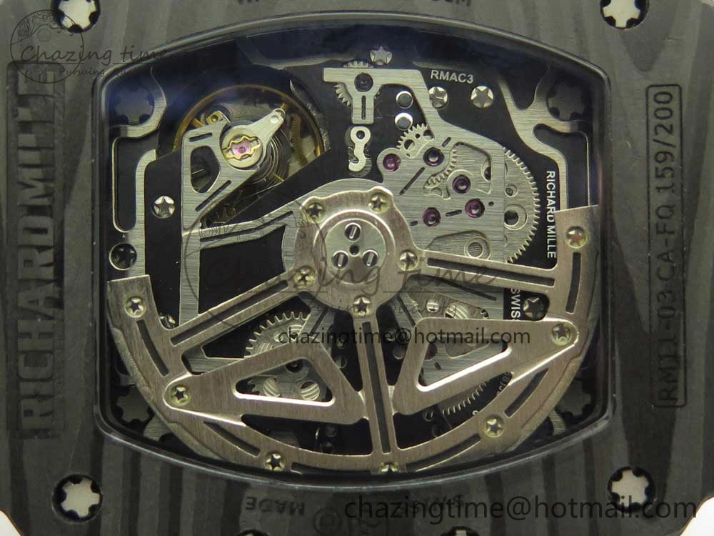 RM011 Carbon Case Chrono KVF 1:1 Best Edition Crystal Skeleton Yellow Dial on Camouflage Rubber Strap A7750
