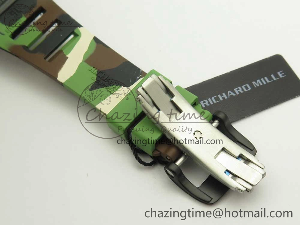 RM011 Carbon Case Chrono KVF 1:1 Best Edition Crystal Skeleton Yellow Dial on Camouflage Rubber Strap A7750